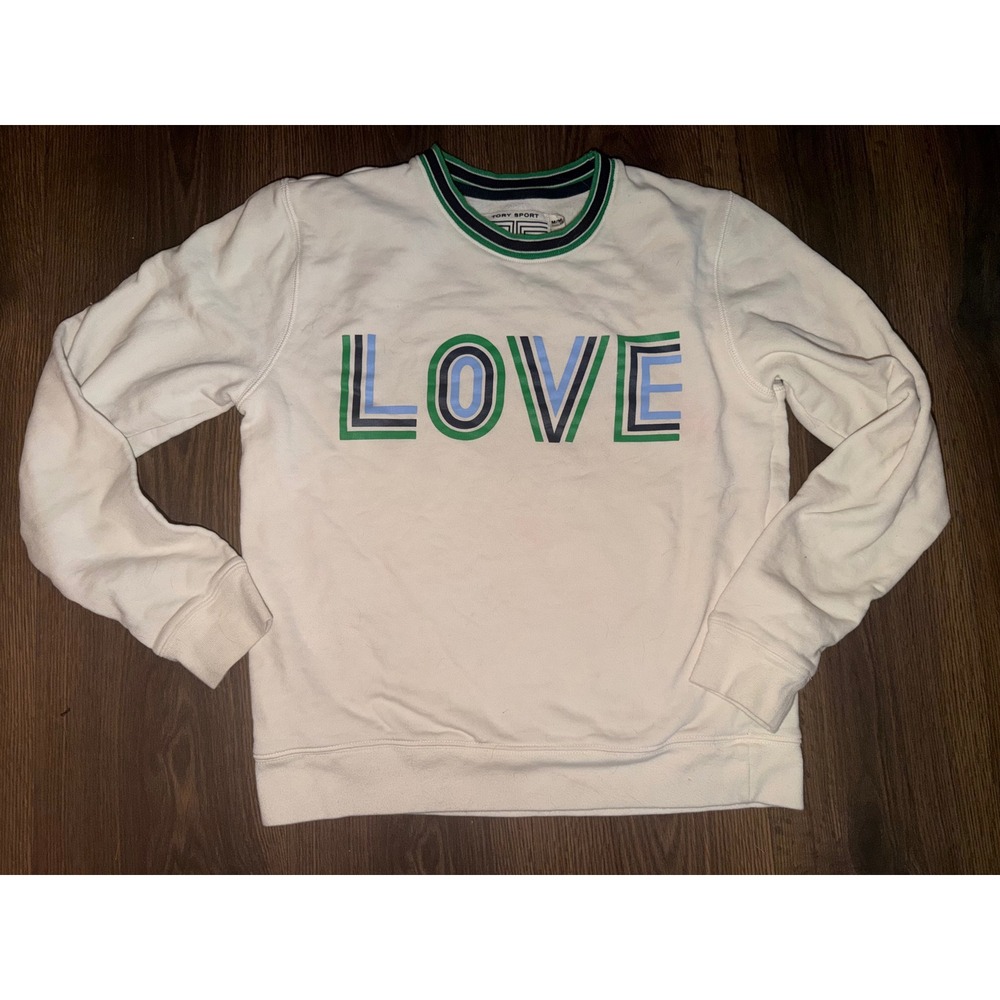 Tory Sport Sweatshirt Womens Medium Ivory Love Graphic Crewneck